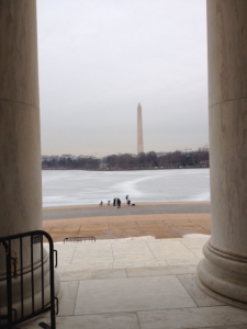 The Washington Monument, from inside the Jefferson Memorial.